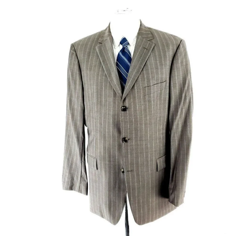 Hugo Boss Rosselini Virgin Wool 3 Button Suit Jacket 42R Beige Birdseye‎ Striped
